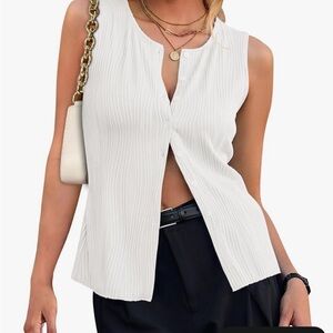 Sleeveless White Ribbed Button-Front Women's Top